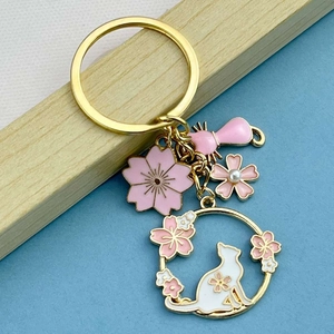 Cute Sakura Cat Keychain Zinc Alloy Enamel Pink Cherry Blossom Keyring With Artificial Pearl Bag Charm Women Girls Gift