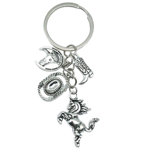 Silver Western cowboy keychain with horseshoe, hat, boot and galloping horse pendants