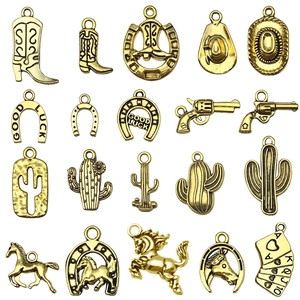 Lot de 20 breloques de cow-boy de l'ouest en métal doré rétro avec cactus et cheval