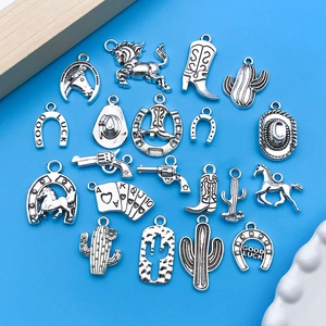 Antique silver Western cowboy alloy charms set with horse, cactus, and hat for DIY jewelry
