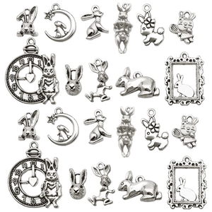 Antique silver Easter bunny charms set in moon and clock motifs for DIY jewelry making