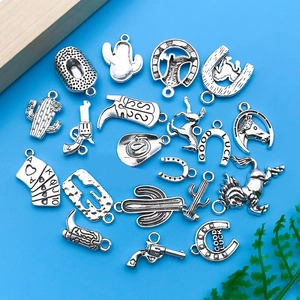 Vintage silver western cowboy charms set including hats, cactus, and horses for DIY jewelry