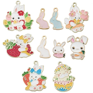 Kawaii Easter bunny enamel pendant set with carrot and flower charms for DIY jewelry making
