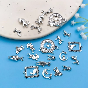 Antique silver Easter bunny and rabbit moon charms for DIY jewelry making accessories