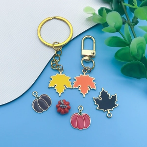 Detail of colorful enamel pumpkin and maple leaf charms for DIY bracelets and keychains