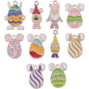 Colorful Easter enamel charm set with bunny eggs and festive gnome pendants for jewelry making