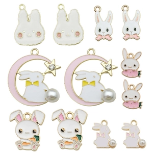 Cute cartoon bunny pendant set in gold alloy with pink enamel for DIY jewelry making
