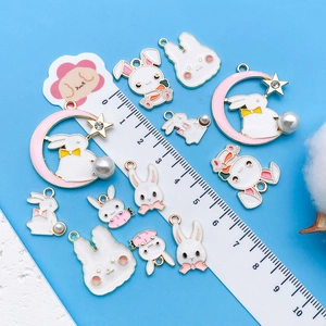 Enamel Easter bunny charms set with pearls and moon designs for DIY jewelry making