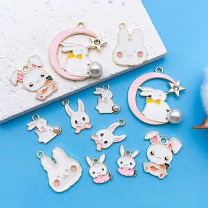 Cartoon Easter bunny charms with moon and pearls in gold-plated enamel for DIY jewelry