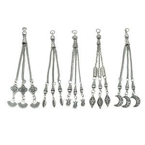 Ethnic antique silver tassel pendants with fan leaf and moon charms for DIY jewelry making