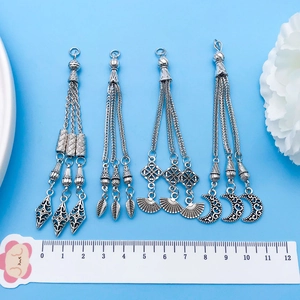 Ethnic antique silver tassel pendants with leaf fan moon and rhombus shapes 10cm