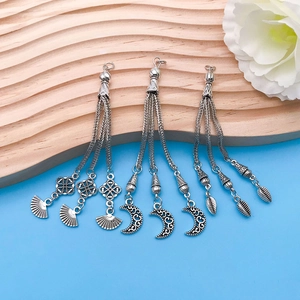 Ethnic antique silver long tassel pendants with leaf fan and moon designs for jewelry making