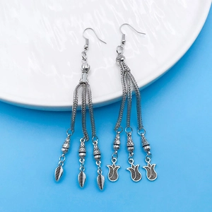 Ethnic style antique silver earrings with long fringe, leaf and tulip metal charms