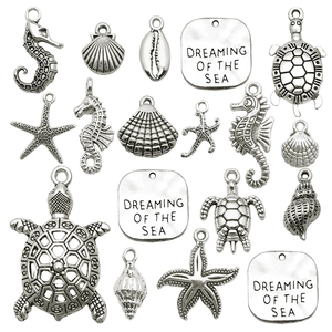 Antique silver ocean charms set featuring seahorse, starfish, and turtle for DIY jewelry
