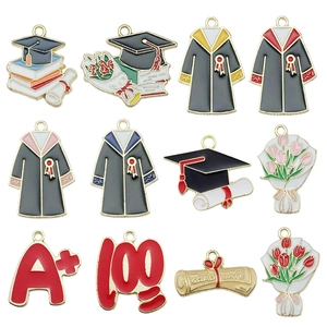 Colorful graduation charm set including doctoral cap, gown and bouquet pendants