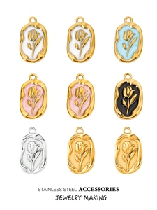 Macro view of stainless steel enamel rose pendants for DIY jewelry making