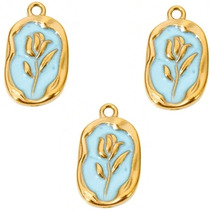 Macro view of gold stainless steel tulip flower charms with light blue enamel inlay