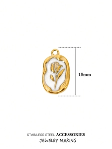 Detail of 18mm golden stainless steel oval charm with white enamel rose and jewelry loop