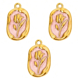 Detail of three stainless steel pink tulip enamel square pendants with gold plating