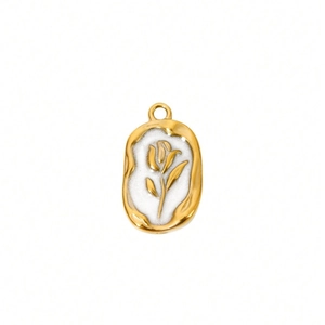 Oval stainless steel rose pendant with gold plating and white enamel inlay detail