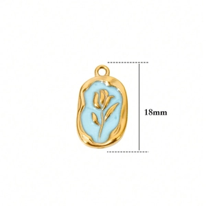 Golden stainless steel tulip flower pendant with light blue enamel finish, 18mm size
