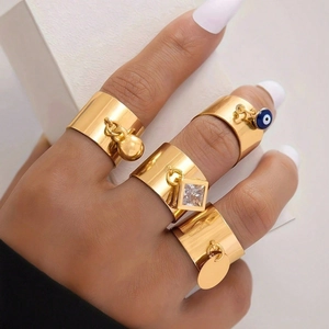 Ensemble de 4 bagues rétro françaises en acier inoxydable doré avec breloques
