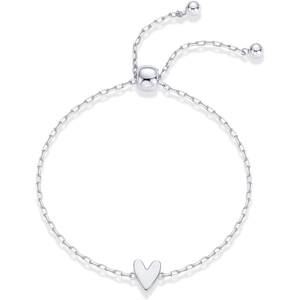 Adjustable silver heart pendant bracelet with polished bolo closure on white background