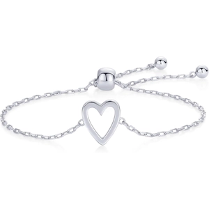 Polished silver heart pendant bracelet with adjustable bolo sliding closure for women