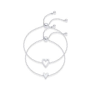 Adjustable stainless steel bracelets with hollow and solid heart charms in silver finish
