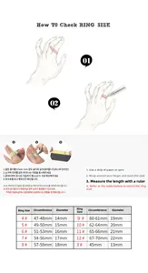 Guía de medición de talla de anillo con instrucciones y tabla de conversión