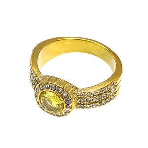 Luxurious 18k gold plated titanium ring with yellow zircon centerpiece and pavé diamonds