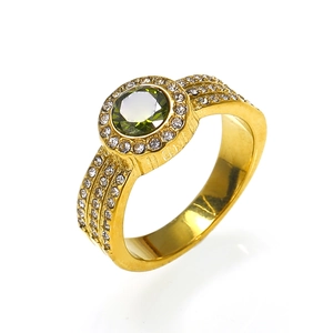 Luxury 18k gold plated titanium ring featuring a green zircon center and pavé diamonds