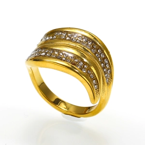 Elegant 18k gold irregular multi-layer wavy ring with sparkling white cubic zirconia stones