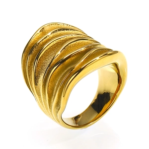 Chic gold-plated titanium steel ring with wide layered wave design and polished finish