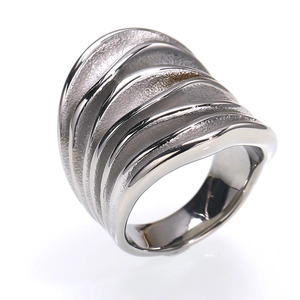 Macro detail of silver titanium steel ring with layered wave texture and matte finish