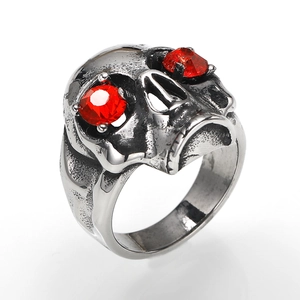Retro stainless steel skull ring with vibrant red rhinestone eyes for men's gothic style
