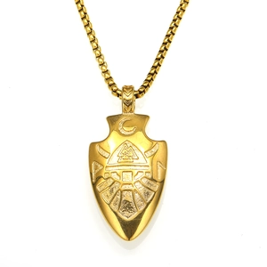 Vintage gold Viking arrow pendant necklace with Norse runes and square pearl chain