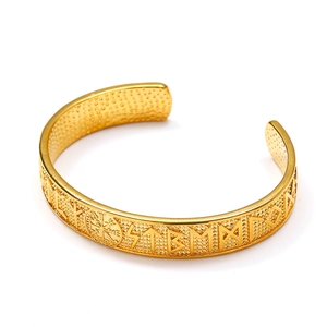 Vintage gold Viking rune bangle with embossed Vegvisir compass symbols for men
