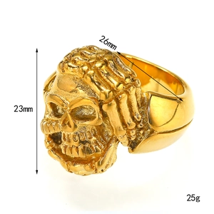Golden punk skull ring with skeletal hands, 23mm height, high-polish titanium steel ring