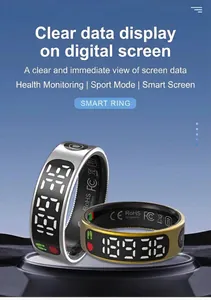 Smart ring detail showing LED digital display for health data and certification marks