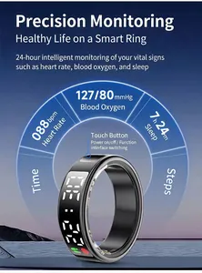 Smart ring display showing heart rate, blood oxygen and blood pressure health metrics