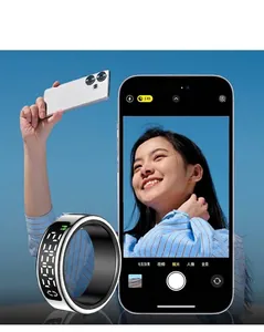 Smart ring detail showing remote camera shutter function and digital LED display on silver band