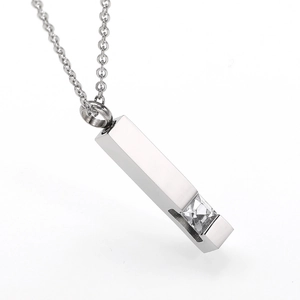 Polished stainless steel column perfume bottle necklace with square crystal pendant