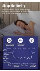 Smart ring sleep monitoring interface displaying deep sleep data and tracking metrics