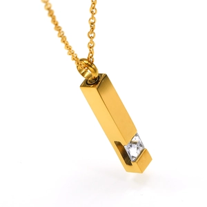 Gold rectangular cremation jewelry necklace with square rhinestone and O-chain