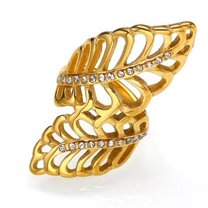 Hohlblatt-Ring aus Titanstahl in Gold-Finish mit funkelnden Strasssteinen für Damen