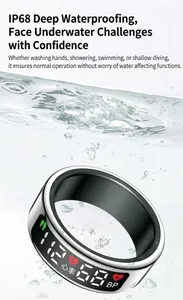 Close-up of IP68 waterproof smart ring with LED display submerged in clear water bubbles