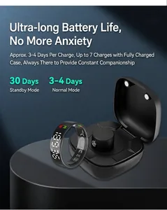 Close-up of smart ring with LED display and its dedicated charging case with status icons