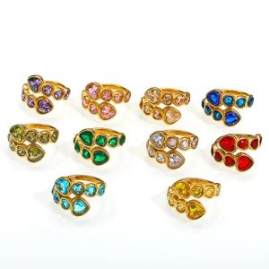 Adjustable gold plated titanium ring set featuring colorful heart-shaped zirconia stones