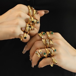 Luxury 18K gold plated thick open ring with colorful zircon stars on black background